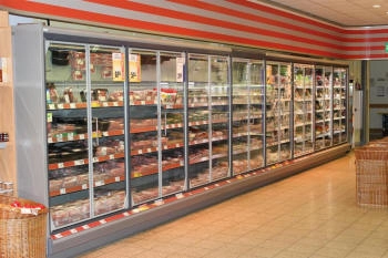 refrigerated shelving for dairy products with glass doors